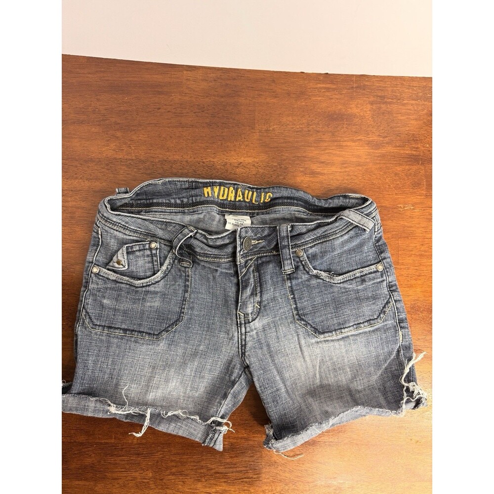 Y2K Low Rise Distressed Hydraulic Denim Shorts Women's Sz 7/8 Frayed Cutoff Jean